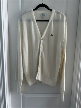 Vintage L Lacoste Men’s Cream V-Neck Button Cardigan with Green Crocodile Logo
